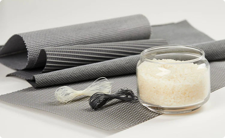 Photo illustrating the fact that TGIF uses recycled TPEE yarn, made from waste.