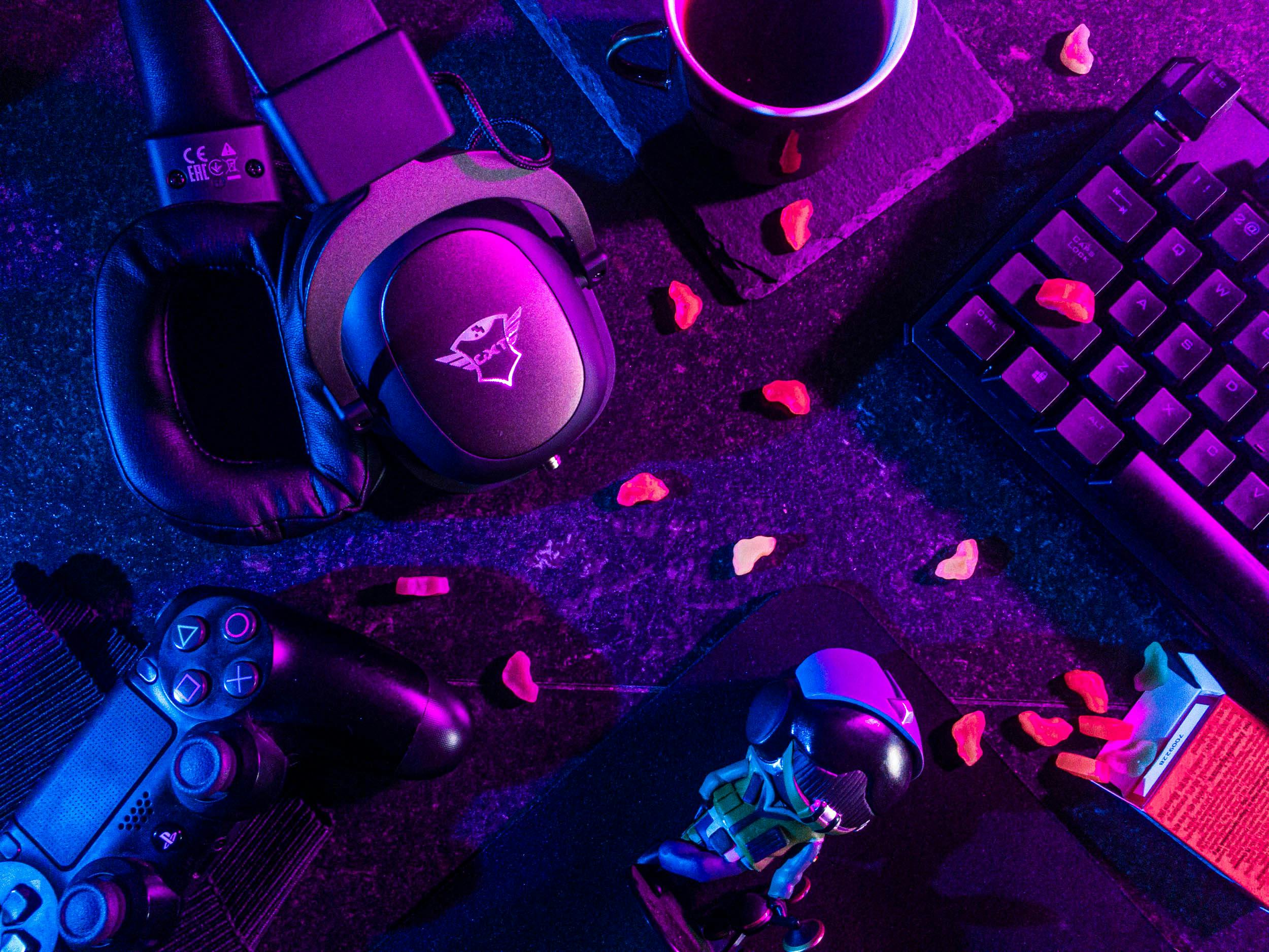 Picture showing gaming accessories such as a headphones, a controller, a keyboard etc